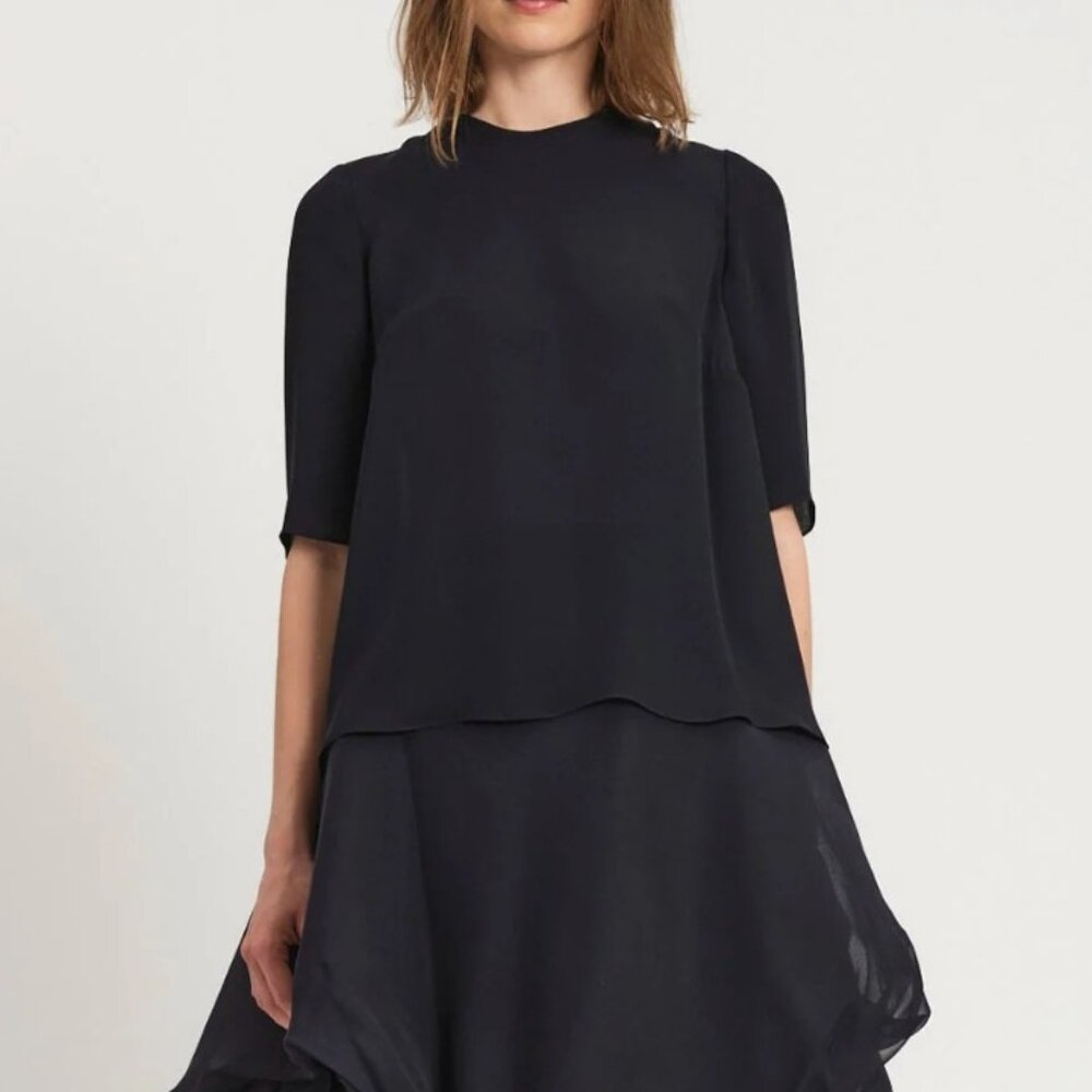 MORGANE LE FAY NWOT SIZE XS "BOYET" 100% SILK BLACK BLOUSE HALF LENGTH SLEEVES